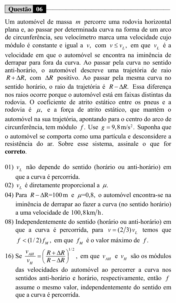 Enunciado da questão 6 de Física do UEM 2017 (Verão, Conhecimentos Específicos)