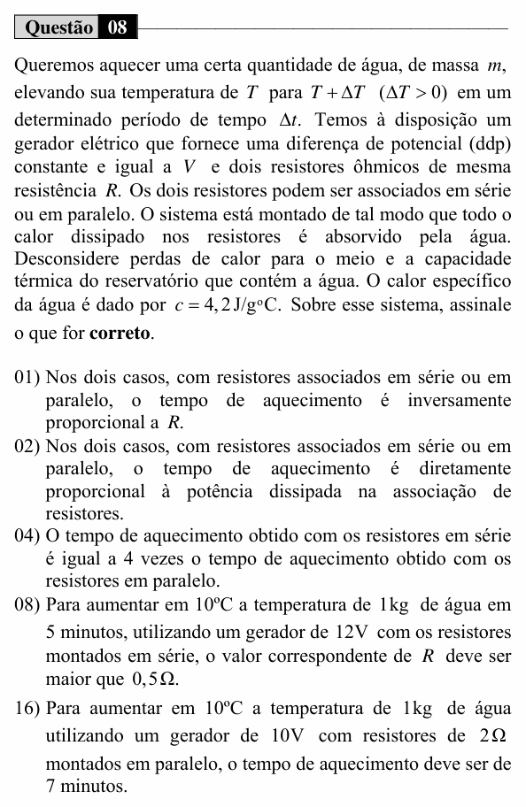 Enunciado da questão 8 de Física do UEM 2017 (Verão, Conhecimentos Específicos)