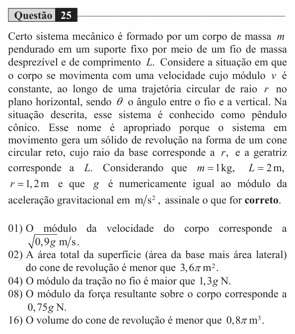 Enunciado da questão 25 de Física do UEM 2017 (Verão)