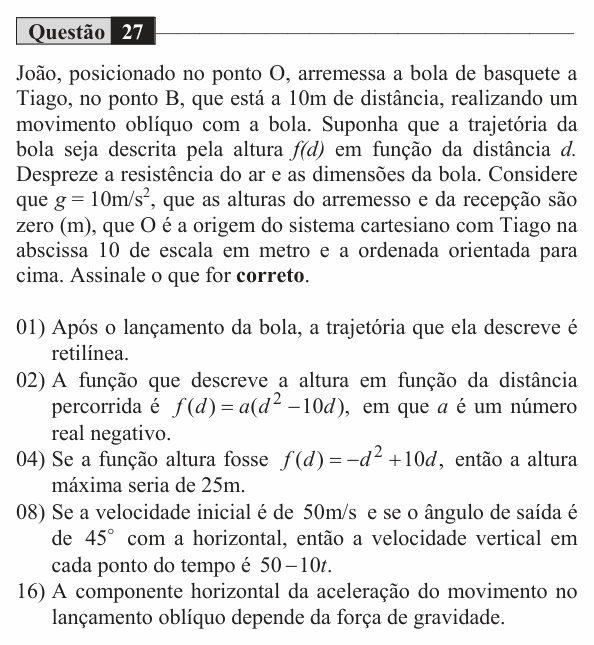 Enunciado da questão 27 de Física do UEM 2017 (Verão)