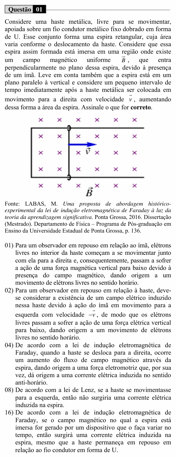 Enunciado da questão 1 de Física do UEM 2018 (Inverno, Conhecimentos Específicos)