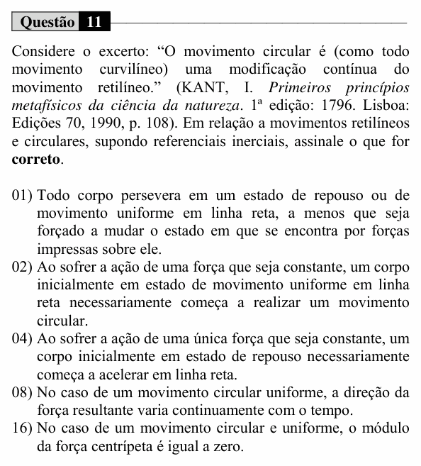 Enunciado da questão 11 de Física do UEM 2018 (Inverno, Conhecimentos Específicos)