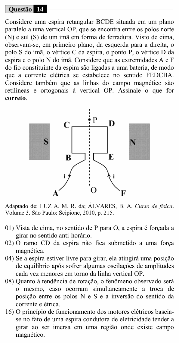 Enunciado da questão 14 de Física do UEM 2018 (Inverno, Conhecimentos Específicos)