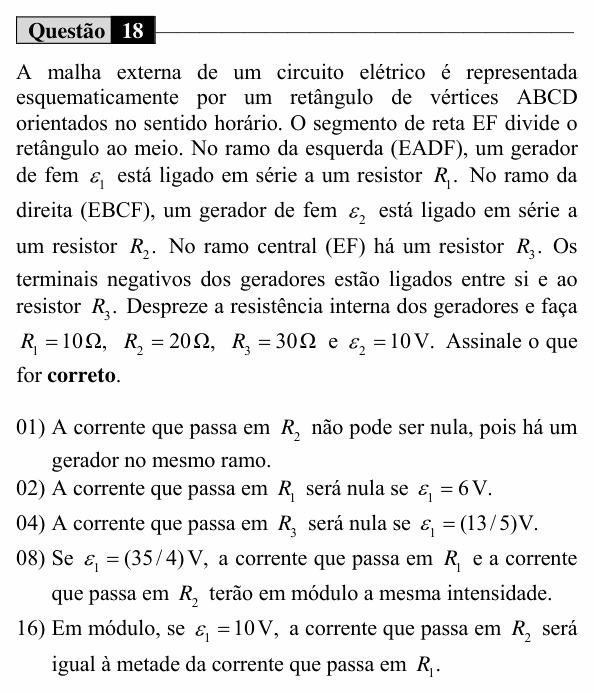 Enunciado da questão 18 de Física do UEM 2018 (Inverno, Conhecimentos Específicos)