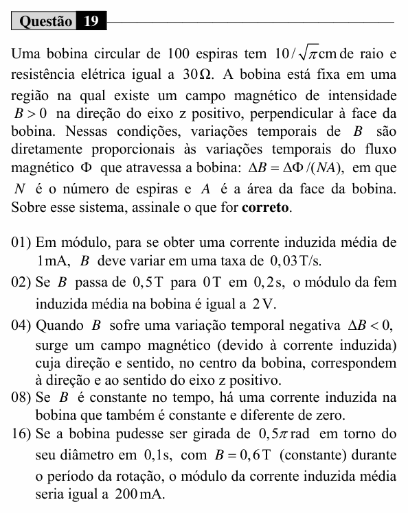 Enunciado da questão 19 de Física do UEM 2018 (Inverno, Conhecimentos Específicos)