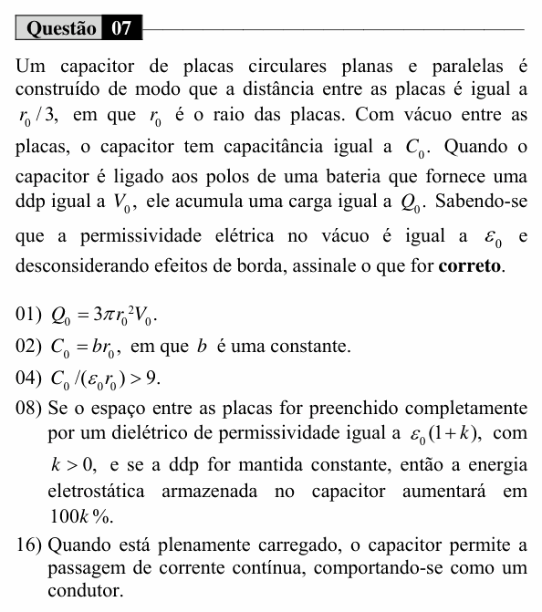 Enunciado da questão 7 de Física do UEM 2018 (Inverno, Conhecimentos Específicos)