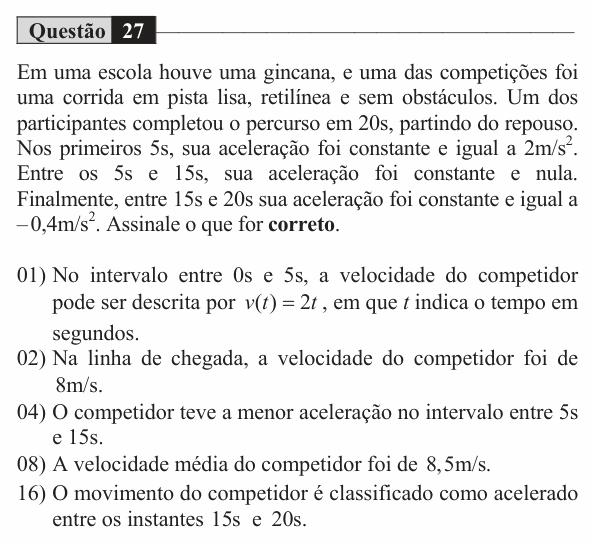 Enunciado da questão 27 de Física do UEM 2018 (Inverno)