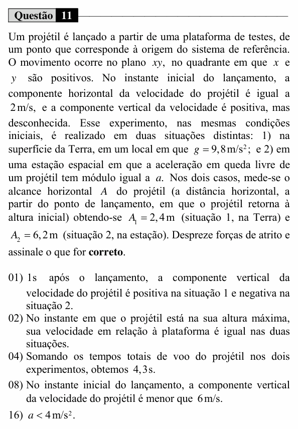 Enunciado da questão 11 de Física do UEM 2018 (Verão, Conhecimentos Específicos)