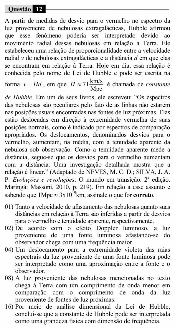 Enunciado da questão 12 de Física do UEM 2018 (Verão, Conhecimentos Específicos)