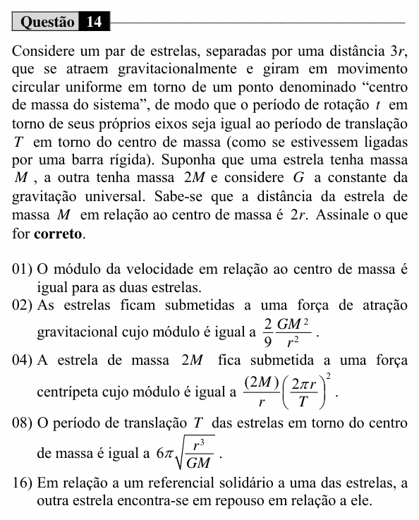 Enunciado da questão 14 de Física do UEM 2018 (Verão, Conhecimentos Específicos)