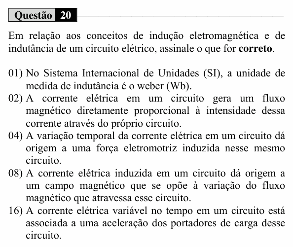 Enunciado da questão 20 de Física do UEM 2018 (Verão, Conhecimentos Específicos)
