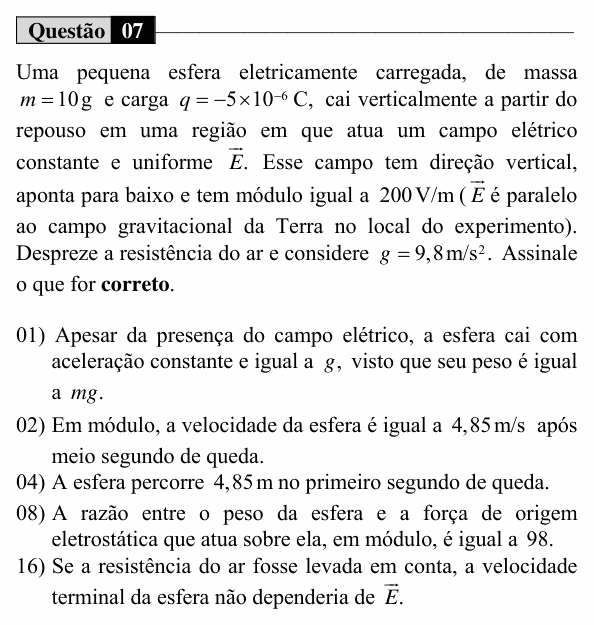 Enunciado da questão 7 de Física do UEM 2018 (Verão, Conhecimentos Específicos)