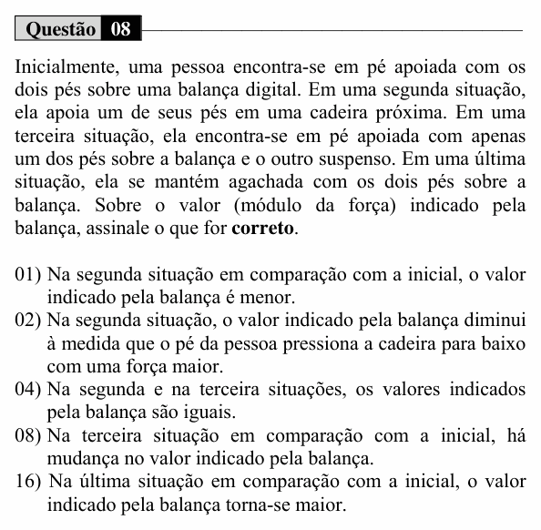 Enunciado da questão 8 de Física do UEM 2018 (Verão, Conhecimentos Específicos)