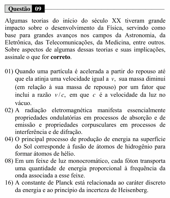 Enunciado da questão 9 de Física do UEM 2018 (Verão, Conhecimentos Específicos)