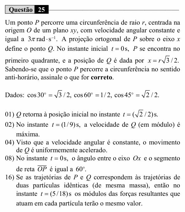 Enunciado da questão 25 de Física do UEM 2018 (Verão)