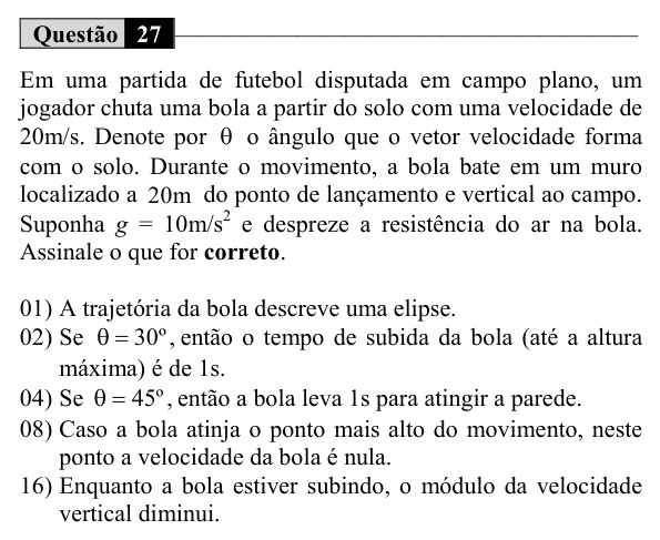 Enunciado da questão 27 de Física do UEM 2018 (Verão)