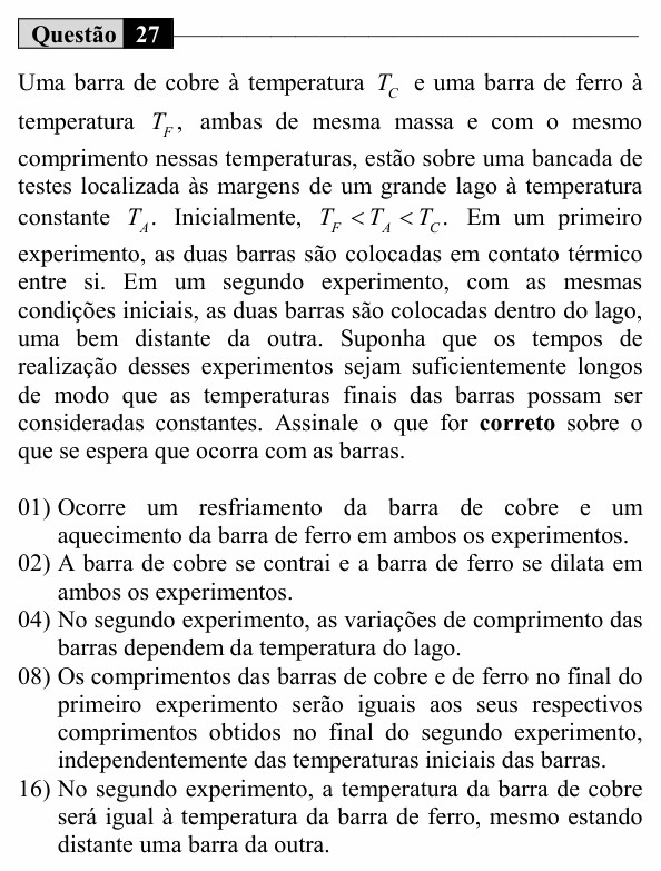 Enunciado da questão 27 de Física do UEM 2019 (Inverno, Conhecimentos Específicos)