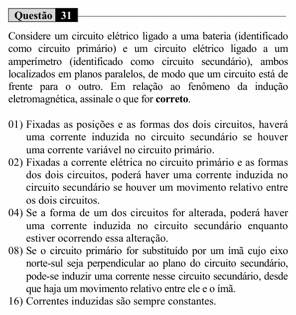 Enunciado da questão 31 de Física do UEM 2019 (Inverno, Conhecimentos Específicos)