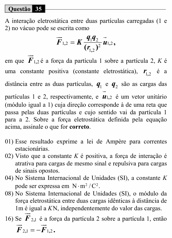 Enunciado da questão 35 de Física do UEM 2019 (Inverno, Conhecimentos Específicos)