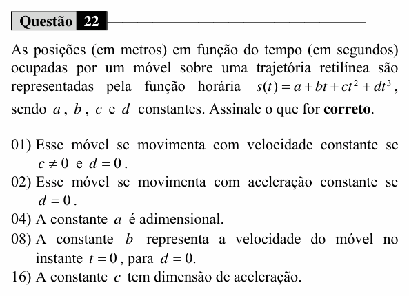 Enunciado da questão 22 de Física do UEM 2019 (Verão, Conhecimentos Específicos)