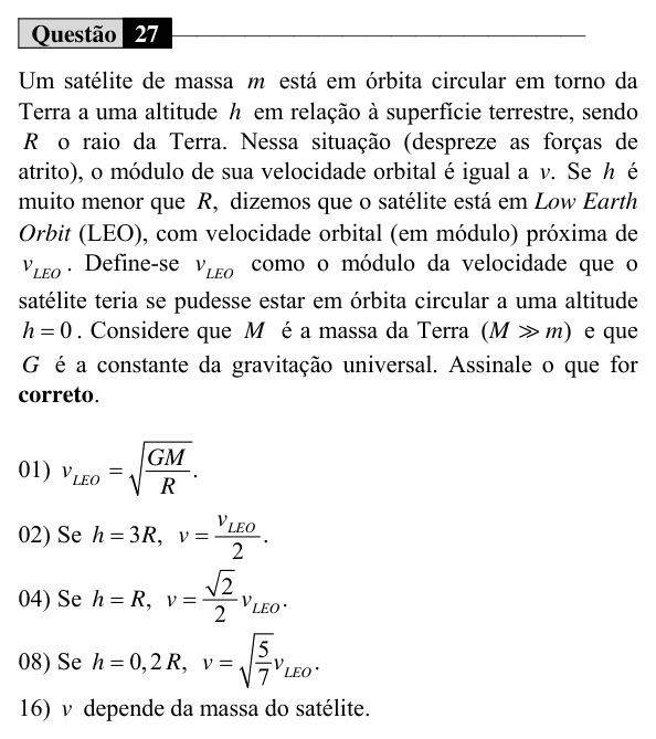 Enunciado da questão 27 de Física do UEM 2019 (Verão, Conhecimentos Específicos)
