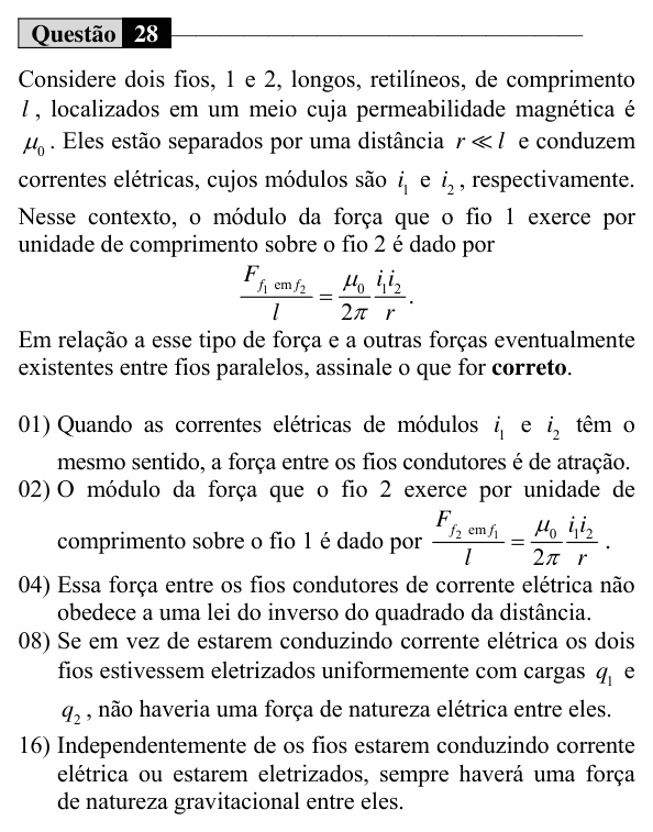 Enunciado da questão 28 de Física do UEM 2019 (Verão, Conhecimentos Específicos)