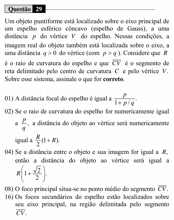 Enunciado da questão 29 de Física do UEM 2019 (Verão, Conhecimentos Específicos)