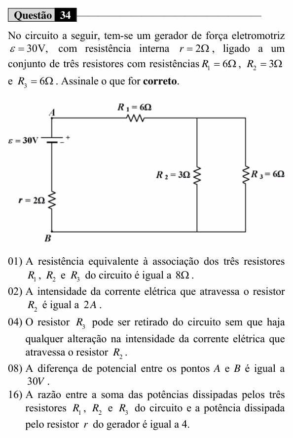 Enunciado da questão 34 de Física do UEM 2019 (Verão, Conhecimentos Específicos)