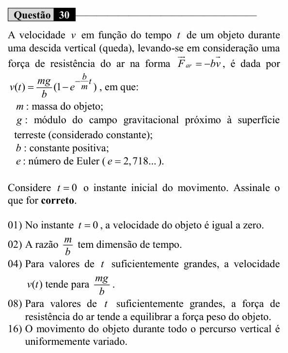 Enunciado da questão 30 de Física do UEM 2019 (Verão)