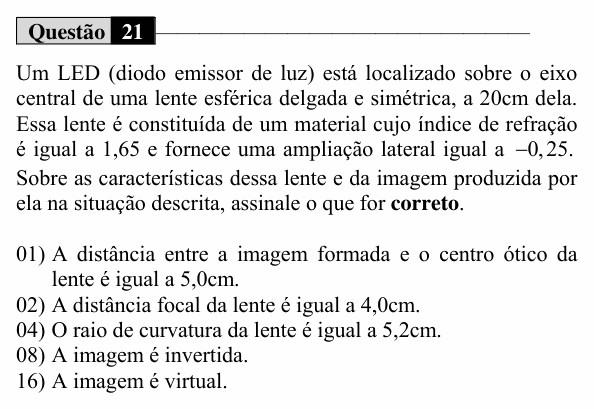 Enunciado da questão 21 de Física do UEM 2020 (Conhecimentos Específicos)