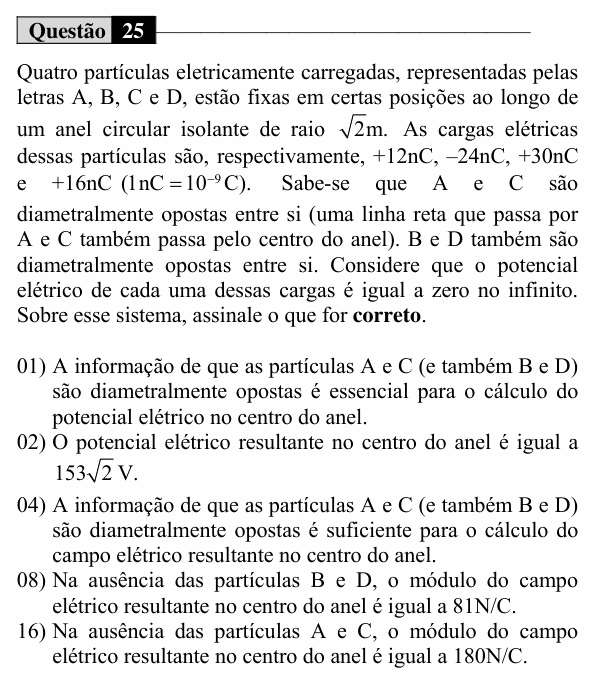 Enunciado da questão 25 de Física do UEM 2020 (Conhecimentos Específicos)