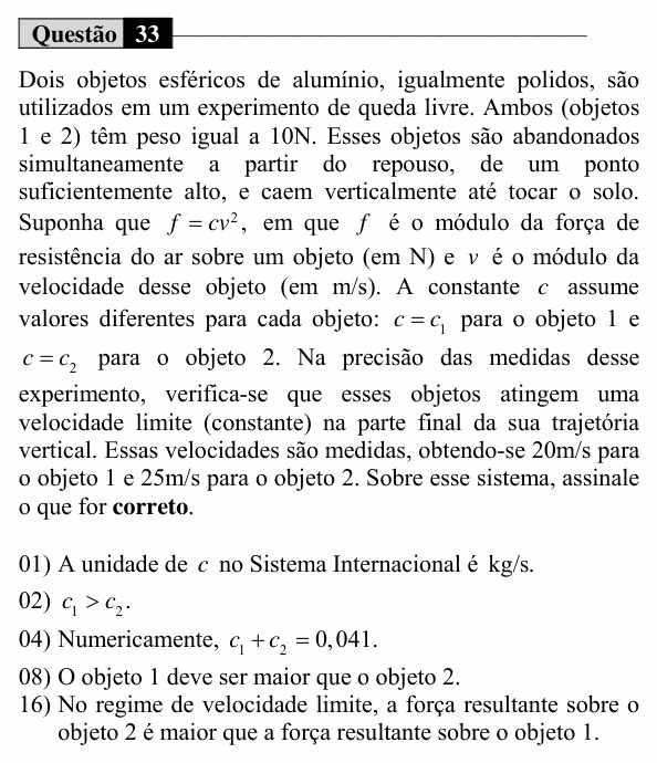Enunciado da questão 33 de Física do UEM 2020 (Conhecimentos Específicos)