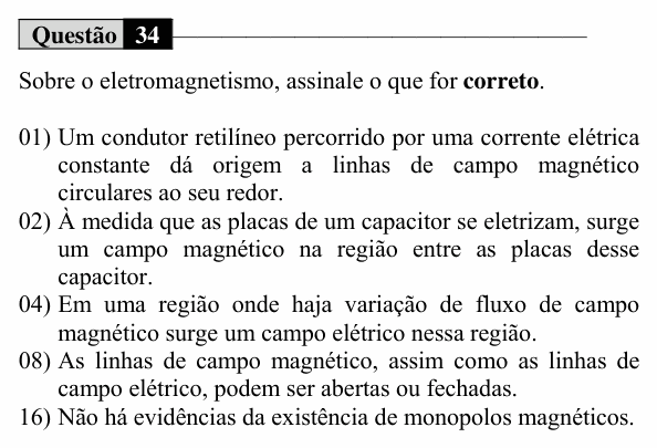 Enunciado da questão 34 de Física do UEM 2020 (Conhecimentos Específicos)