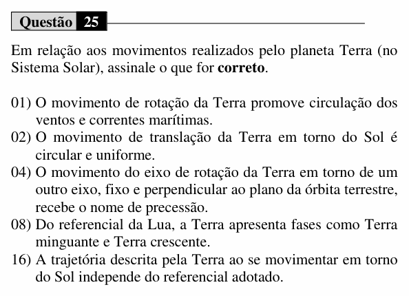 Enunciado da questão 25 de Física do UEM 2020