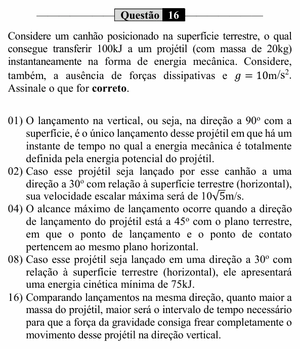 Enunciado da questão 16 de Física do UEM 2021 (PAS, etapa 1)