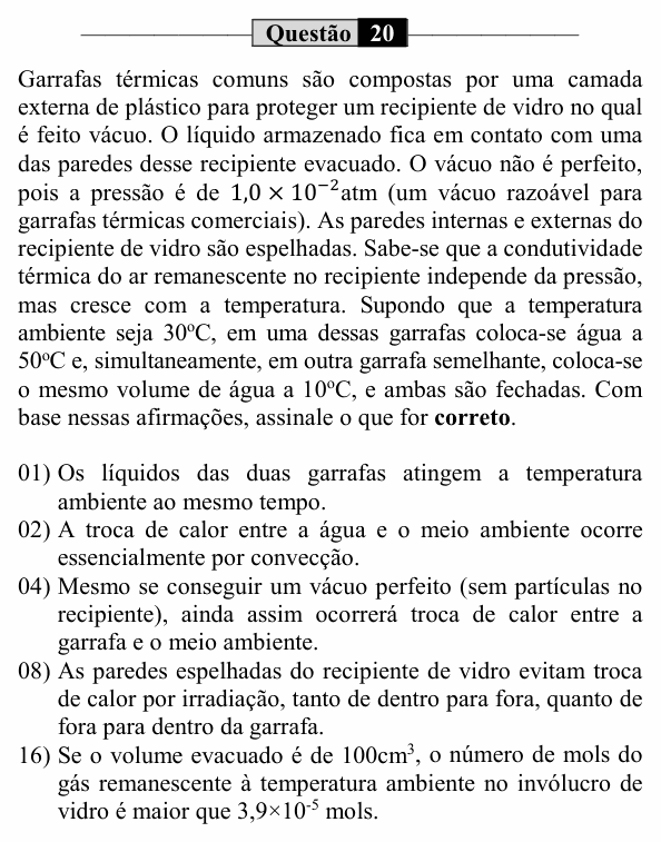 Enunciado da questão 20 de Física do UEM 2021 (PAS, etapa 2)