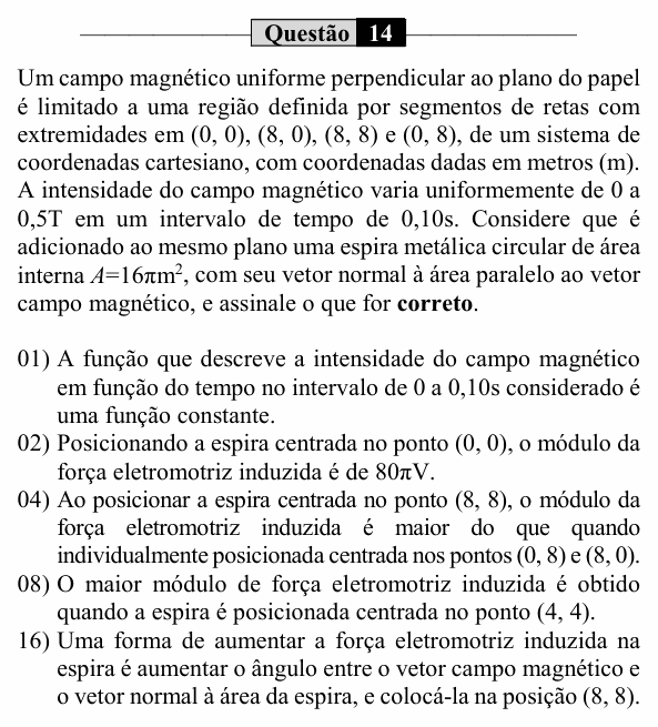 Enunciado da questão 14 de Física do UEM 2021 (PAS, etapa 3)