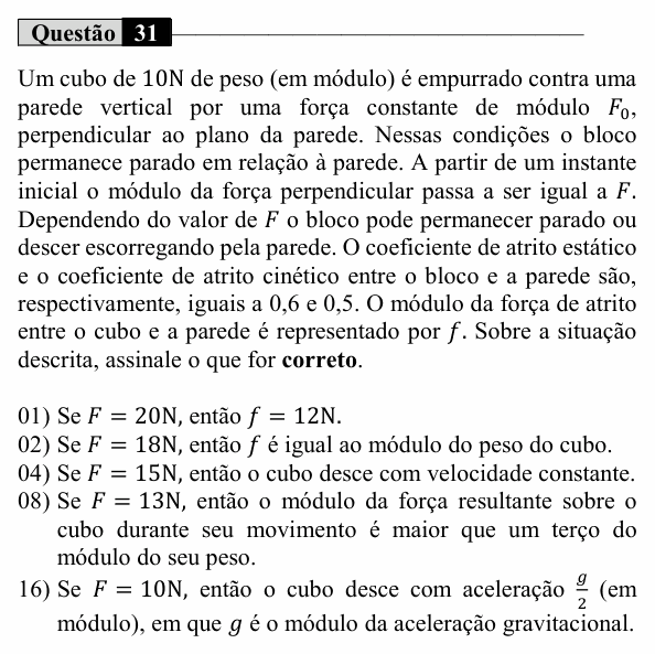 Enunciado da questão 31 de Física do UEM 2021 (Conhecimentos Específicos)