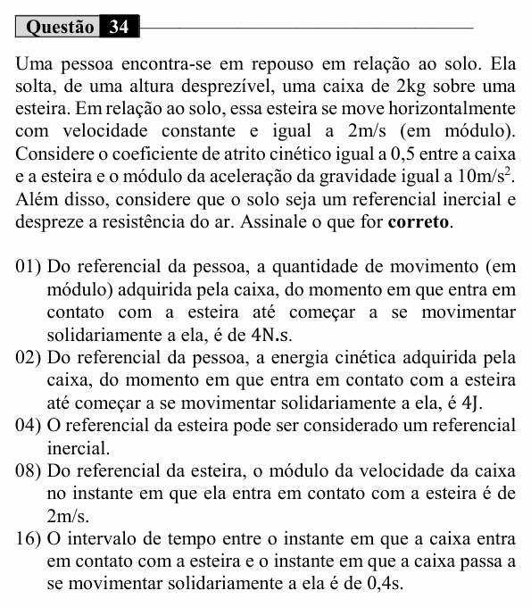 Enunciado da questão 34 de Física do UEM 2021 (Conhecimentos Específicos)