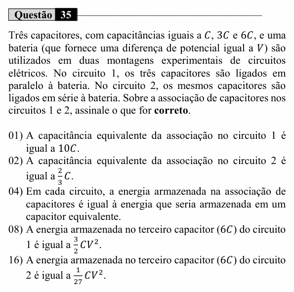 Enunciado da questão 35 de Física do UEM 2021 (Conhecimentos Específicos)