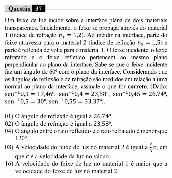 Enunciado da questão 37 de Física do UEM 2021 (Conhecimentos Específicos)