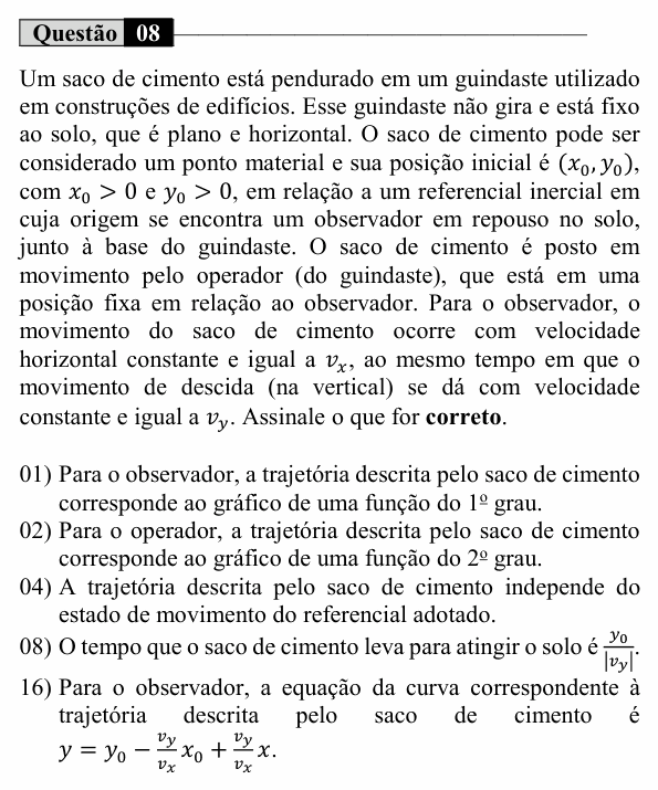 Enunciado da questão 8 de Física do UEM 2021