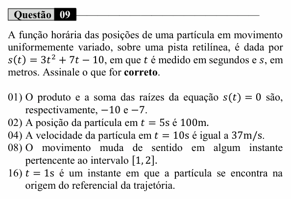 Enunciado da questão 9 de Física do UEM 2021
