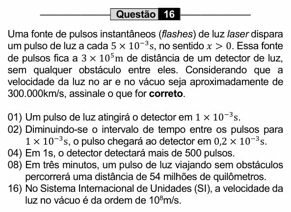 Enunciado da questão 16 de Física do UEM 2022 (PAS, etapa 1)