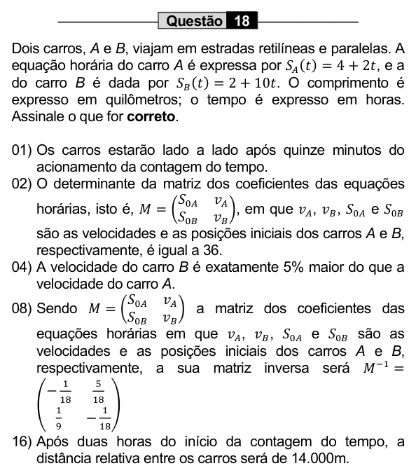 Enunciado da questão 18 de Física do UEM 2022 (PAS, etapa 1)
