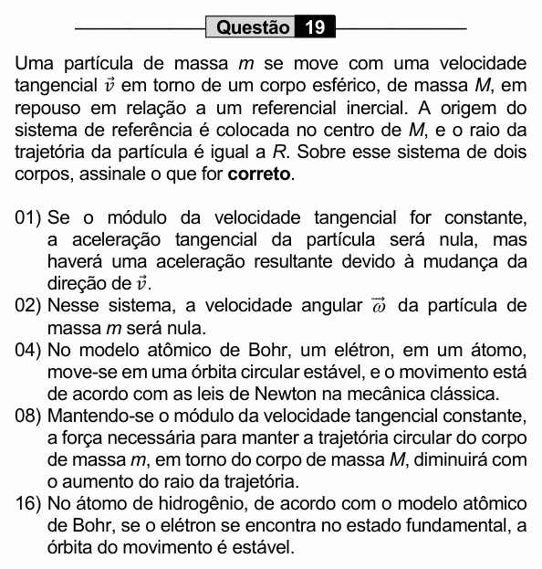 Enunciado da questão 19 de Física do UEM 2022 (PAS, etapa 1)