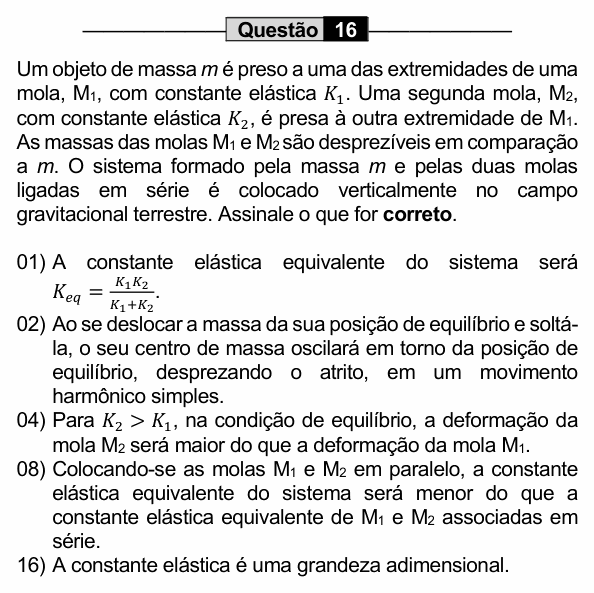 Enunciado da questão 16 de Física do UEM 2022 (PAS, etapa 2)