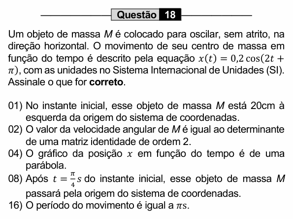 Enunciado da questão 18 de Física do UEM 2022 (PAS, etapa 2)