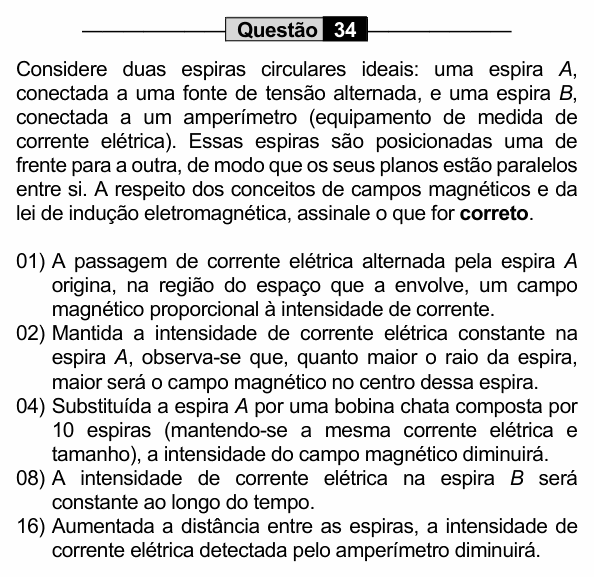 Enunciado da questão 34 de Física do UEM 2022 (PAS, etapa 3, Conhecimentos Específicos)