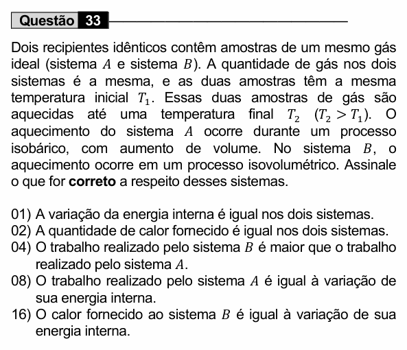 Enunciado da questão 33 de Física do UEM 2022 (Conhecimentos Específicos)
